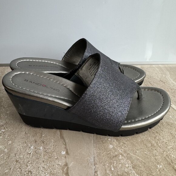 Bandolino MEADOE Thong Wedge Sandal Womens 8 M Black Glitter Slip On - Picture 1 of 9